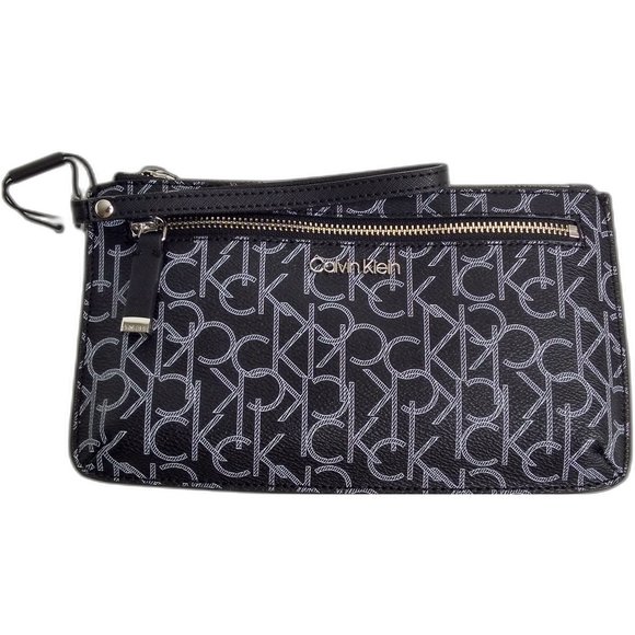 Calvin Klein Handbags - Calvin Klein Key Item Top Zip Monogram Wristlet Clutch Black/white